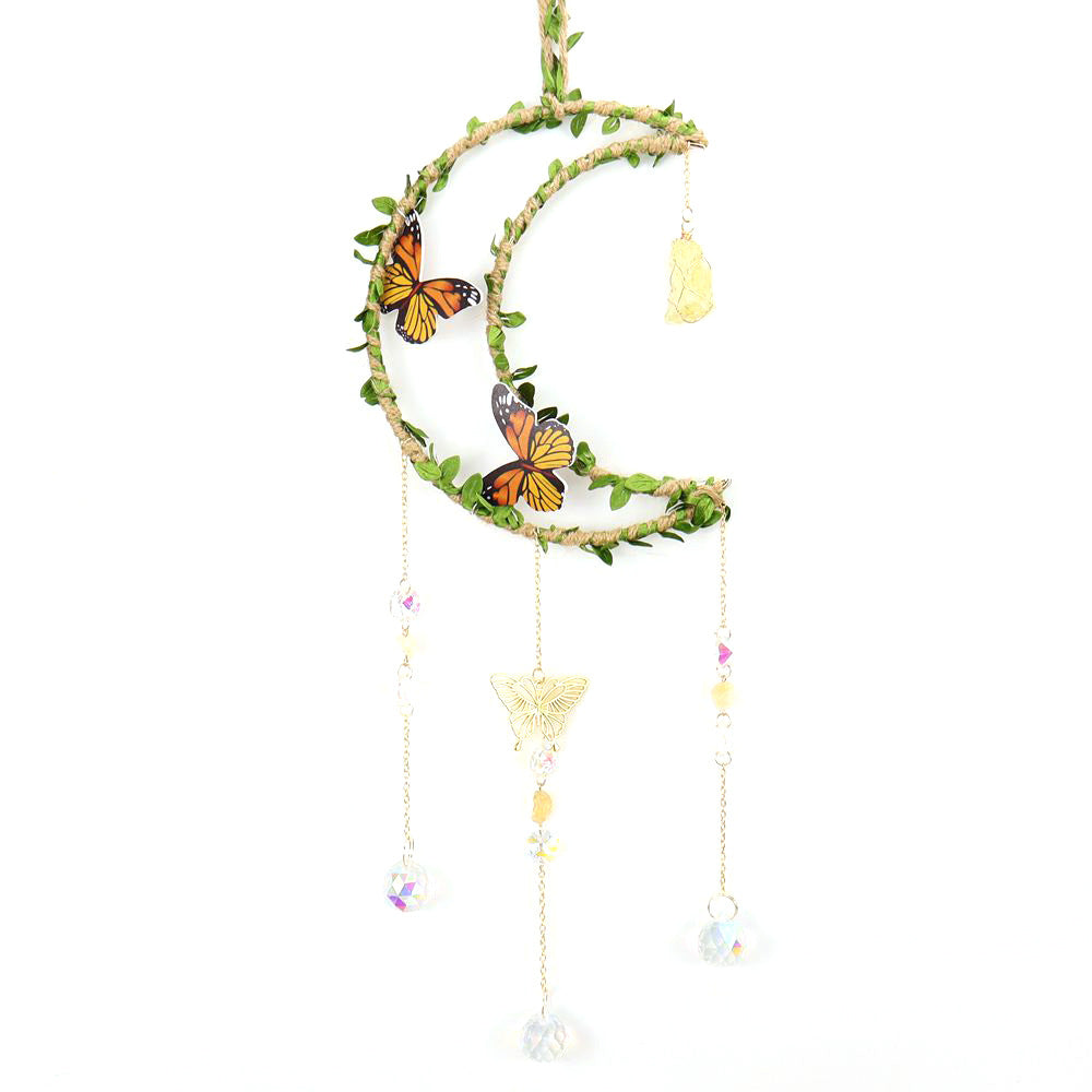 zensoullab Sun Catcher Hemp Rope Wrapped Leaf Butterfly Large 16cm Moon Gravel Crystal Ball Decoration Pendant