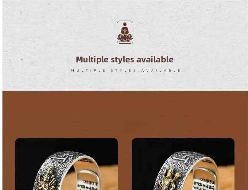 zensoullab Vintage Eight Guardian Deities Ring for Men Heart Sutra Zodiac Year Open Ring Imitation Thai Silver Six-Word Mantra Men's Ring