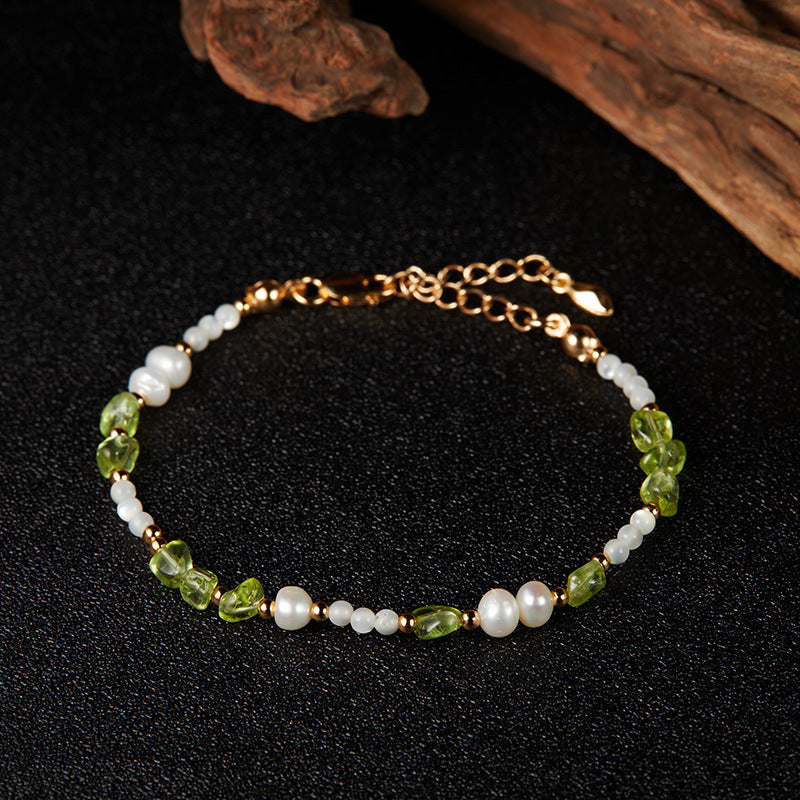 zensoullab S925 Sterling Silver Natural Peridot Pearl White Shell Gemstone Necklace for Women, Niche Sweet High-end Beaded Collarbone Chain