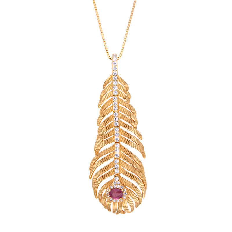 zensoullab Pendant S925 Sterling Silver Light Luxury Natural Ruby Feather-shaped Necklace for Women Niche Gold Clavicle Chain