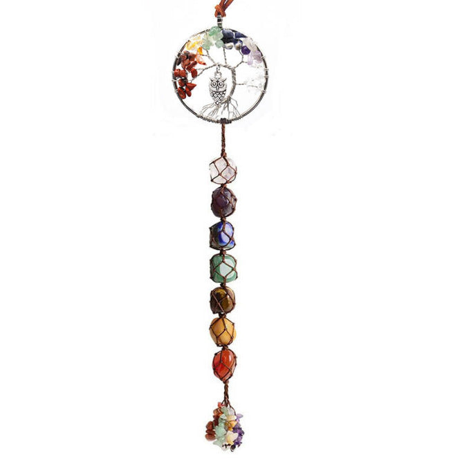 zensoullab7 Colorful Stone Seven Colors Crystal Raw Stone Hand-woven Pendant Natural Stone Tree of Life Car Hanging Dream Catcher Ornament