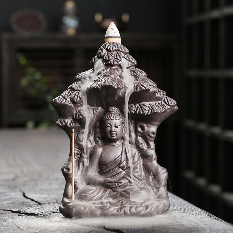 zensoullab Purple Clay Backflow Incense Burner Creative Bodhi Tree Buddha Backflow Incense Burner Home Decor Craft Ornament