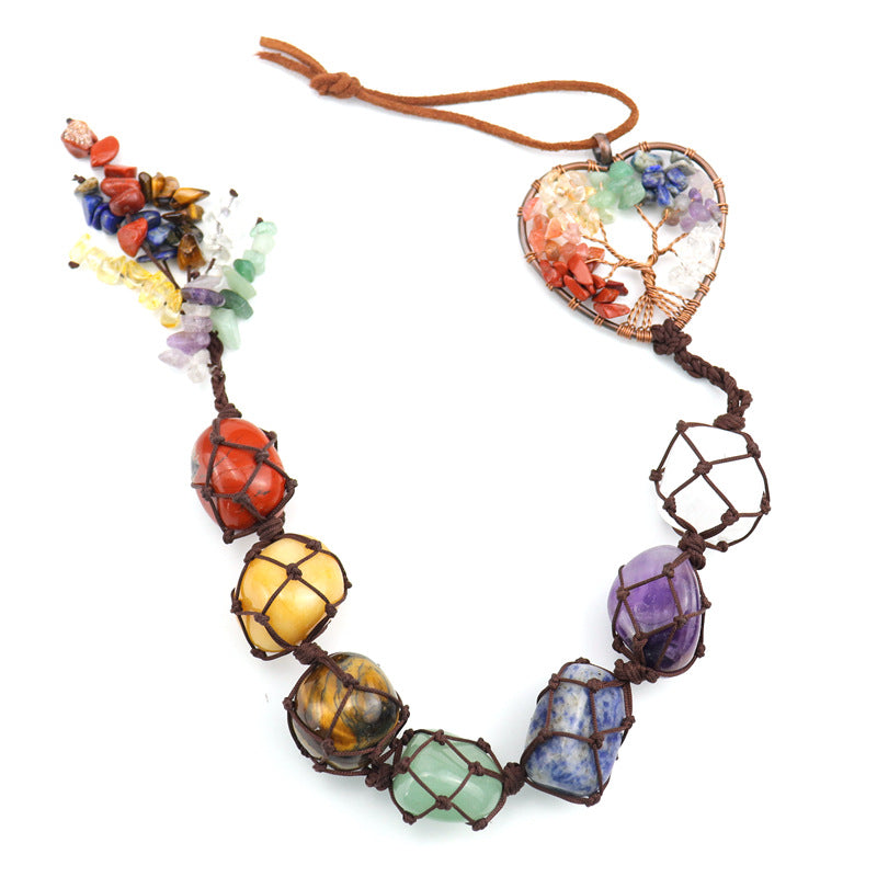 zensoullab7 Colorful Stone Seven Colors Crystal Raw Stone Hand-woven Pendant Natural Stone Tree of Life Car Hanging Dream Catcher Ornament