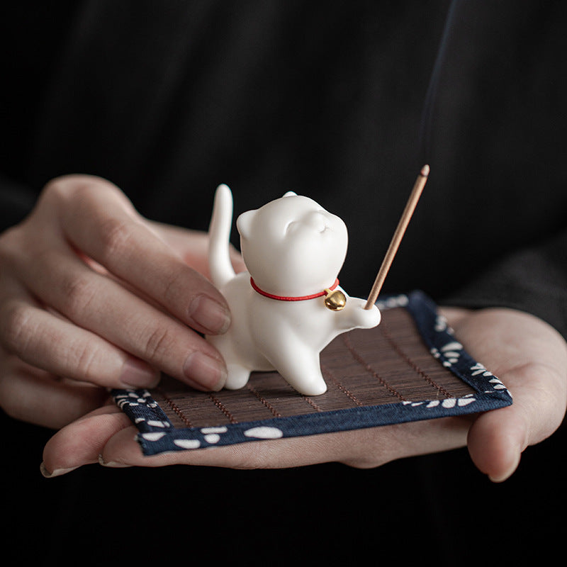 zensoullab Creative Cute Little Cat Ceramic Ornament Soft Healing Tea Pet Pen Holder Home Indoor Sandalwood Incense Holder Incense Tool