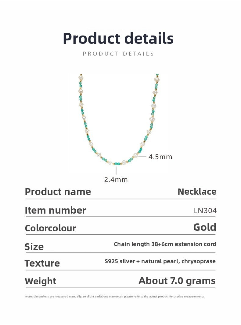 Zensoullab925 Sterling Silver Natural Pearl Green Chalcedony Colored Gems Necklace Women's High-Grade Sweet Personality Handmade Beaded