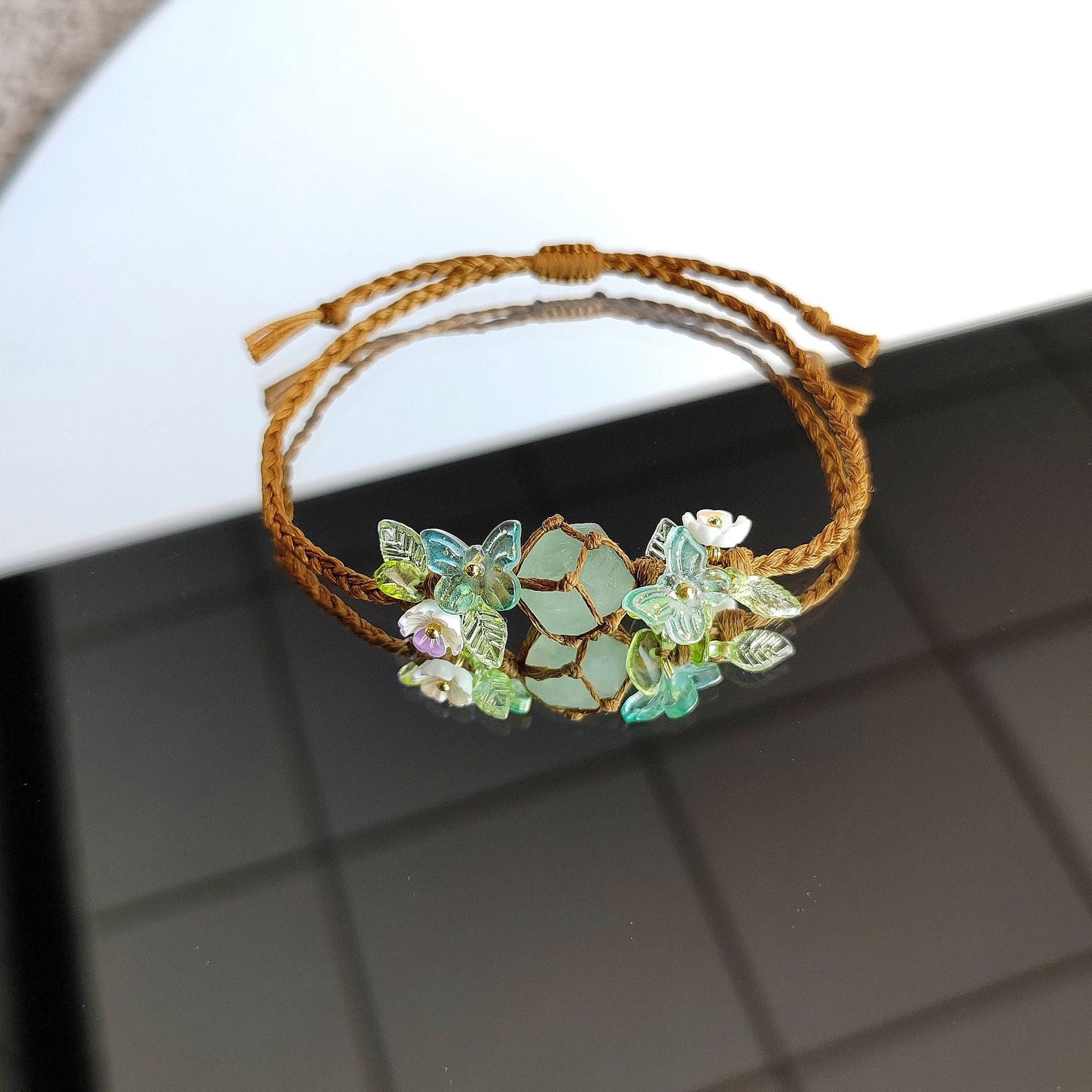 zensoullab Spring Butterfly Wreath Natural Fluorite Braided Rope Bracelet Crystal Gravel Bracelet