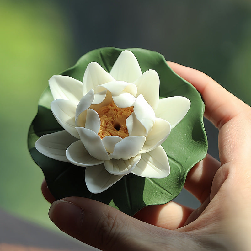zensoullab Creative Ceramic Lotus Incense Holder Ornament Tea Pet Handmade Artificial Flower Home Small Incense Burner Incense Burner Agarwood Holder