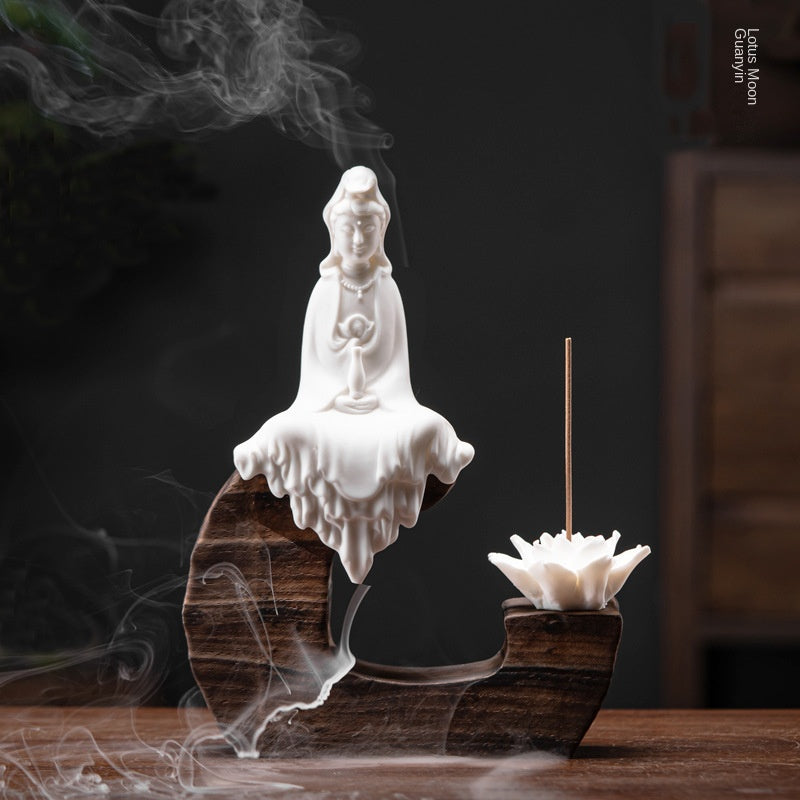 zensoullab Creative Backflow Incense Burner Home Aromatherapy Burner Ceramic Ornament Sandalwood Incense Holder Guanyin Buddha Statue Zen Living Room Decoration