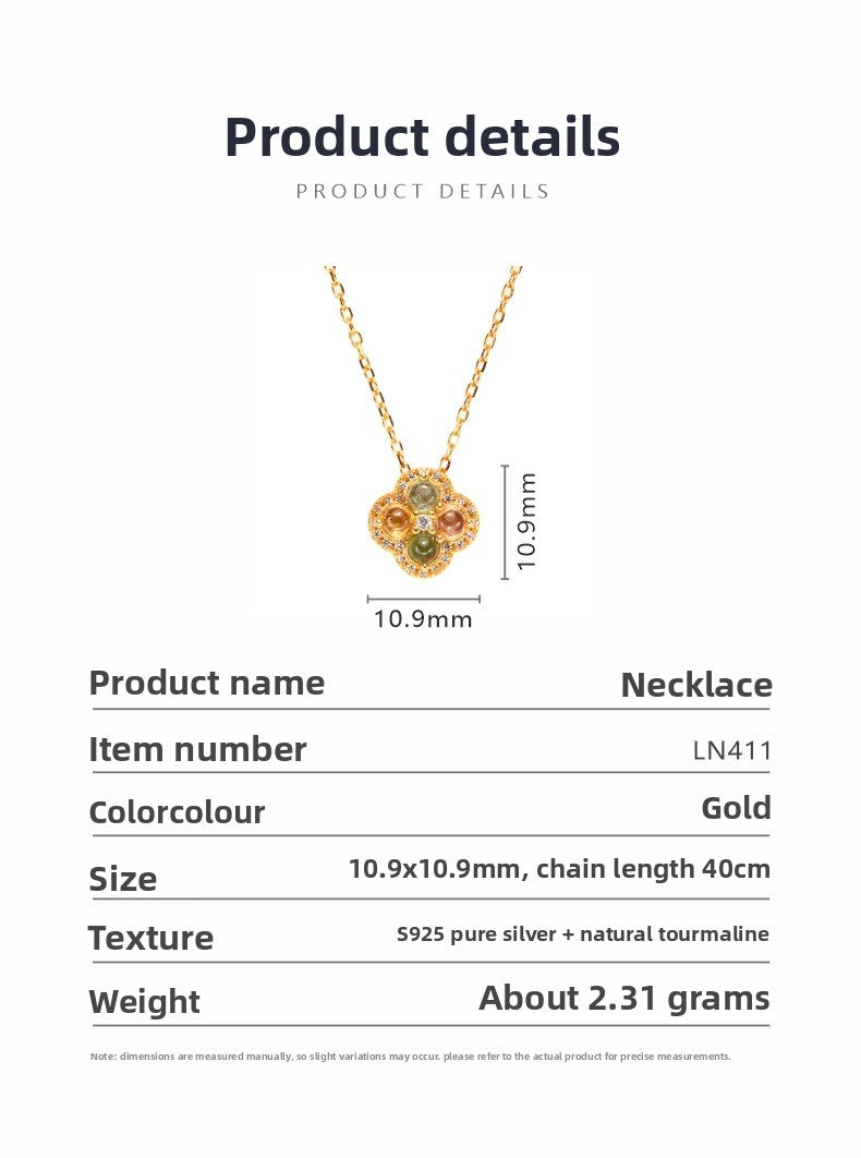 zensoullab S925 Sterling Silver 18K Gold Pendant Necklace Clavicle Chain Natural Tourmaline Four-Leaf Clover Vintage Elegant Temperament Women