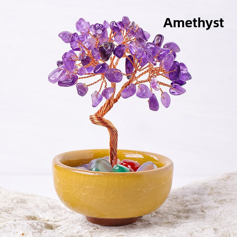 zensoullab Natural Yellow Crystal Wealth Tree Tea Cup Base Treasure Bowl Crystal Tree Crystal Money Tree Desktop Wealth-Attracting Ornament