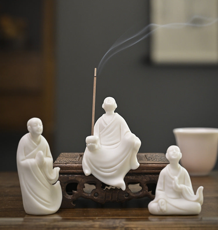 zensoullab Zen Ceramic Figure Chinese Style Desktop White Porcelain Small Ornament Little Monk Fish Tank Landscaping Bonsai Home Handmade Decoration