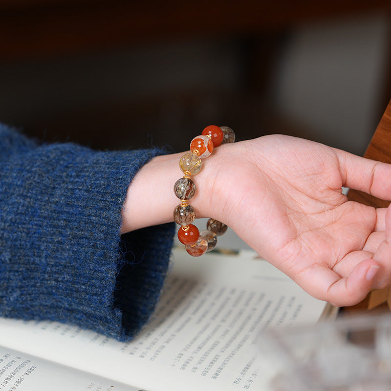 zensoullab Natural Black Gold Super Seven Crystal Bracelet for Women Red Glue Flower Gold Rutilated Quartz Full Flesh Southern Red Multi-Gemstone Bracelet