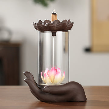 zensoullab Purple Clay Backflow Incense Burner Buddha Hand Lotus Acrylic Cover Agarwood Sandalwood Creative Home Decor Gift