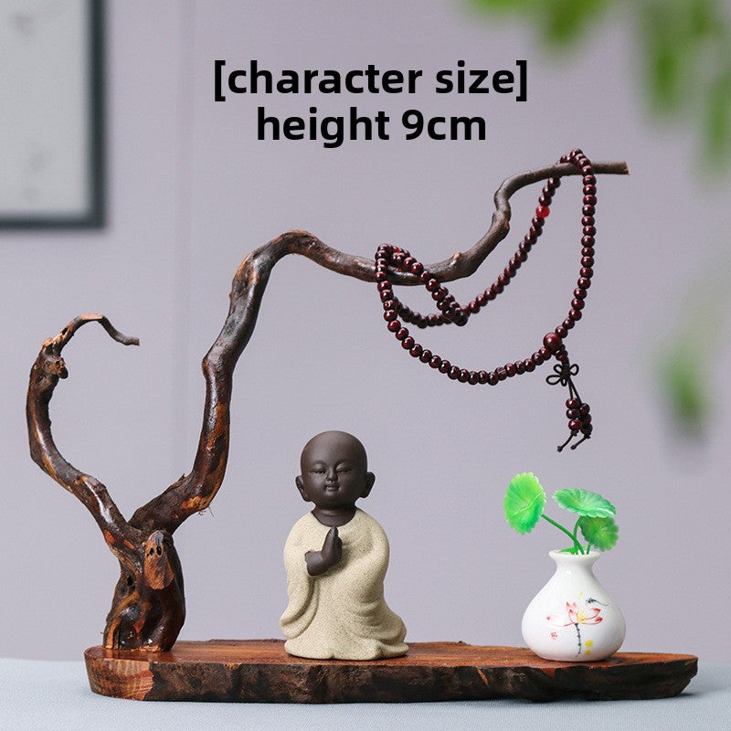 zensoullab Zen New Chinese Style Root Carving Set Ornament Purple Clay Little Monk Living Room TV Cabinet Tea Table Entrance Creative Decoration