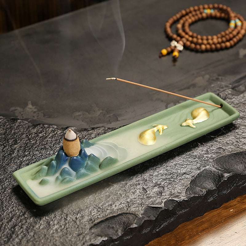 Zensoullab Qianli Jiangshan Line Incense Burner Ceramic Multi-Functional Dual-Purpose Ceramic Incense Burner Double Cow Backflow Smoke Incense Burner Ceramic Incense
