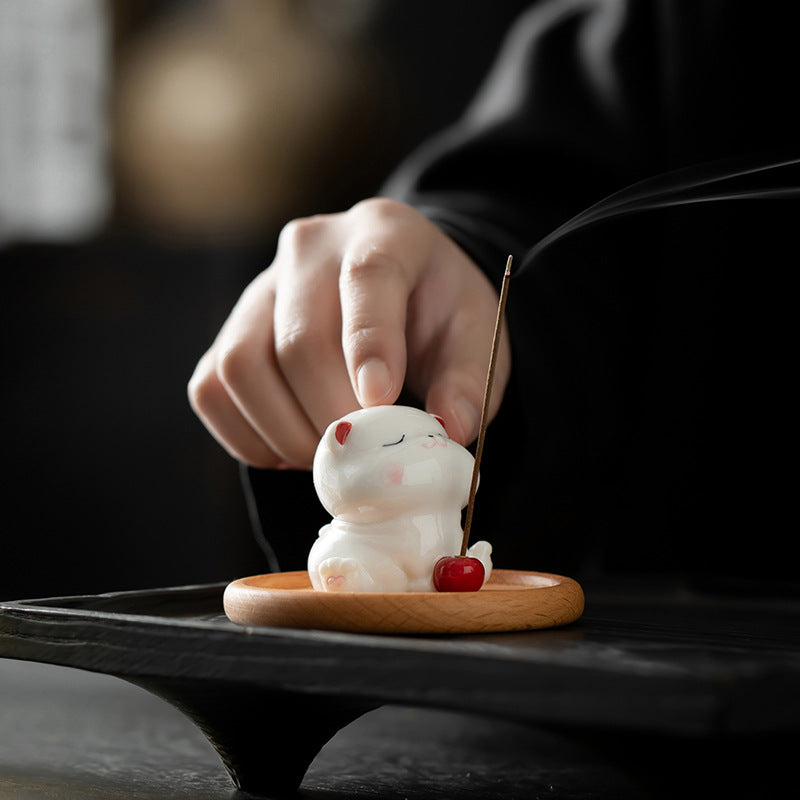 zensoullab Creative Ceramic Cute Little Cat Incense Holder Incense Tray Home Indoor Sandalwood Agarwood Incense Burner Incense Holder Ornament