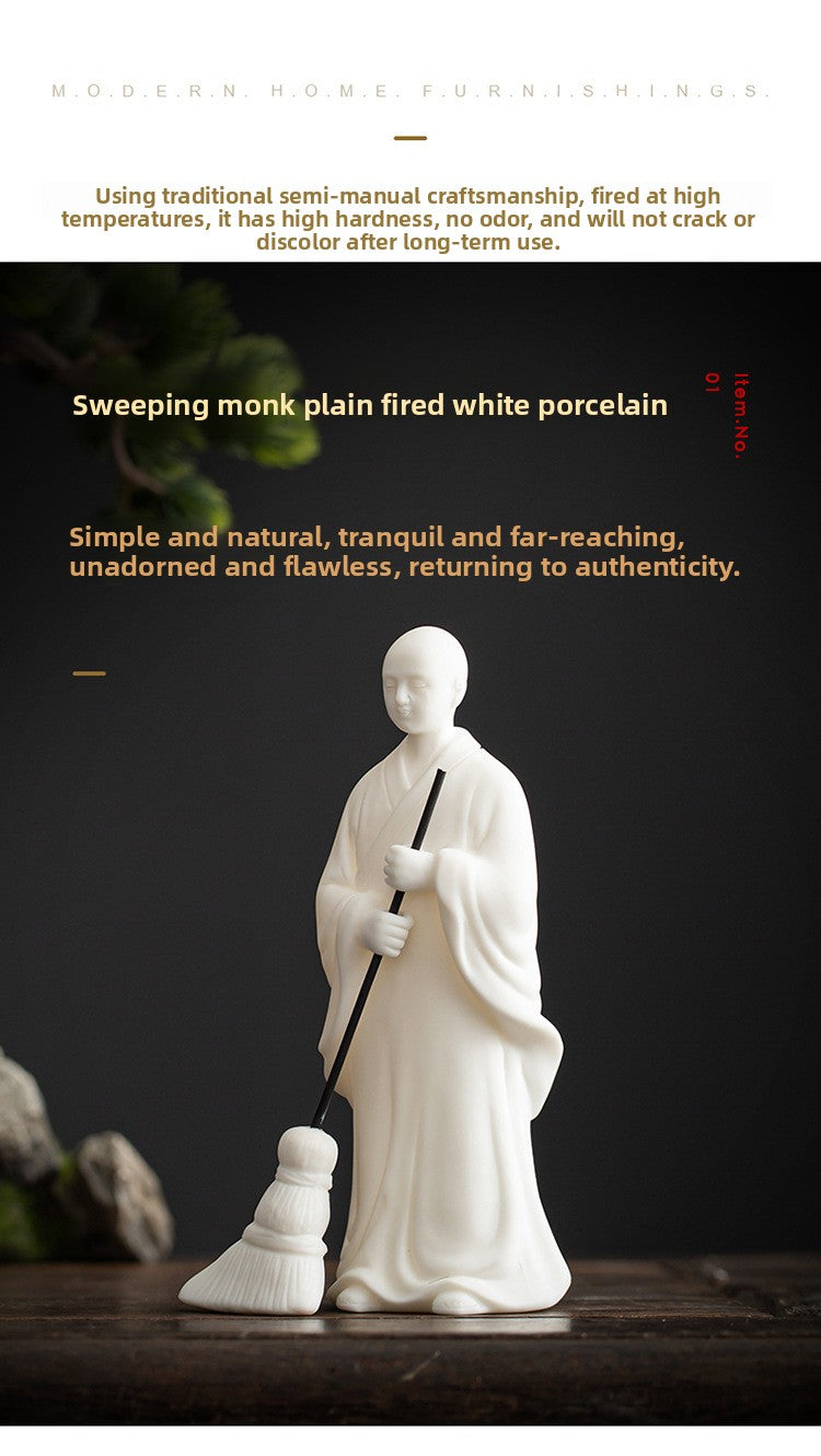 zensoullab Sweeping Monk Ceramic Little Monk Creative Ornament Chinese Style Study Office Zen Desktop Decoration Craft Display