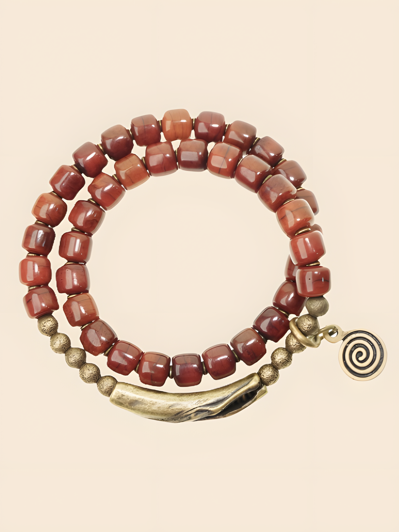 Flame Guardian Bracelet – Red Bone Beads with Vintage Brass Charm | Courage & Protection