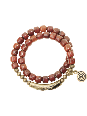 Flame Guardian Bracelet – Red Bone Beads with Vintage Brass Charm | Courage & Protection