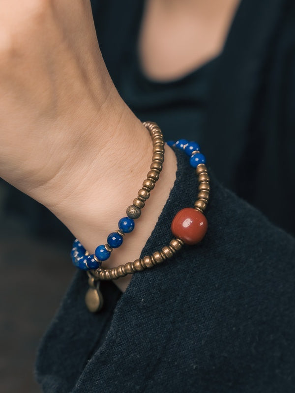 Celestial Harmony Bracelet – Natural Lapis Lazuli, Red Agate & Vintage Brass Beads