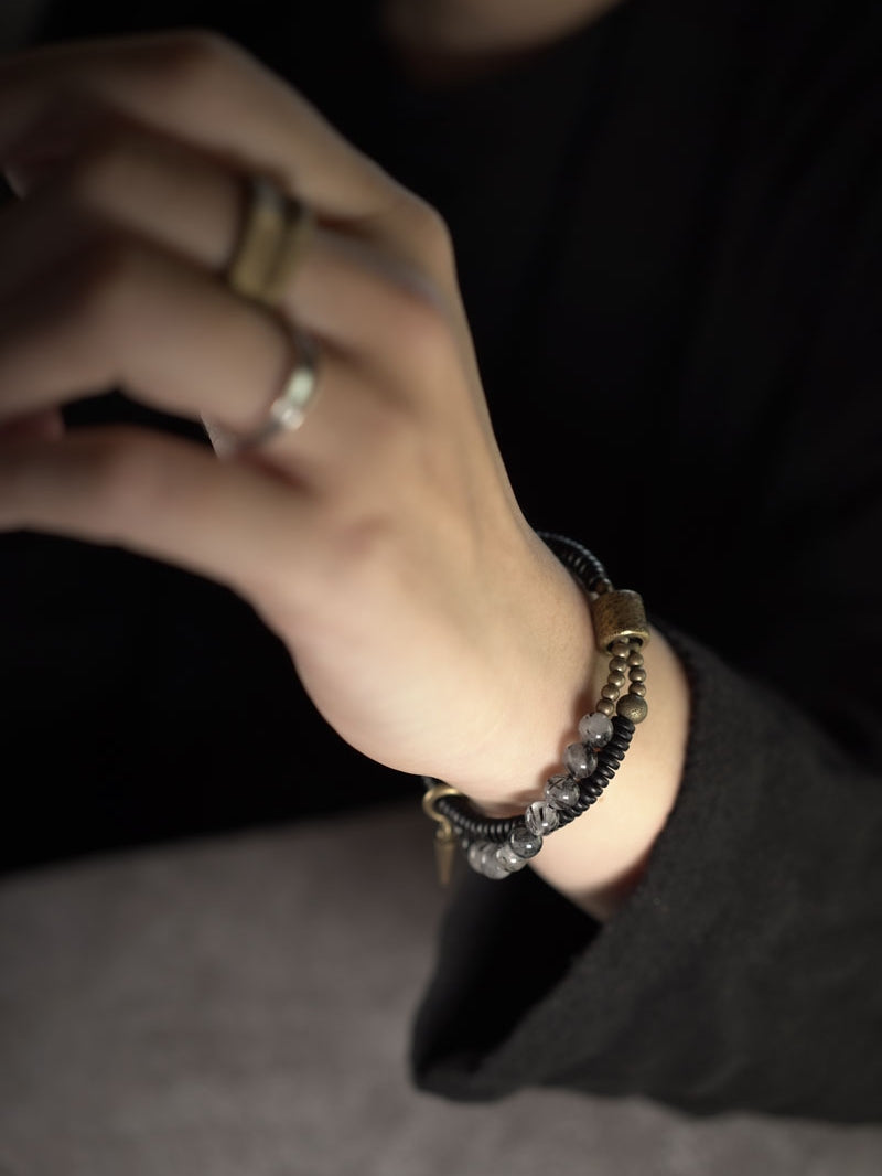 Obsidian Guardian Bracelet – Black Ebony, Tourmalinated Quartz & Brass Protection Talisman