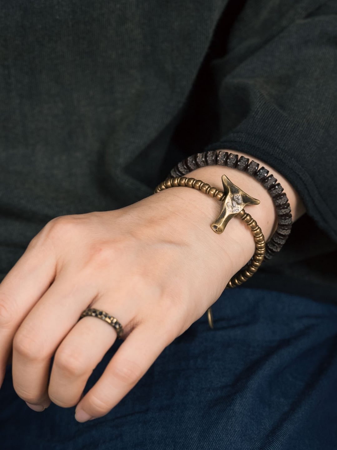Guardian of the Sacred Ox · Handcrafted Brass & Coconut Bead Bracelet