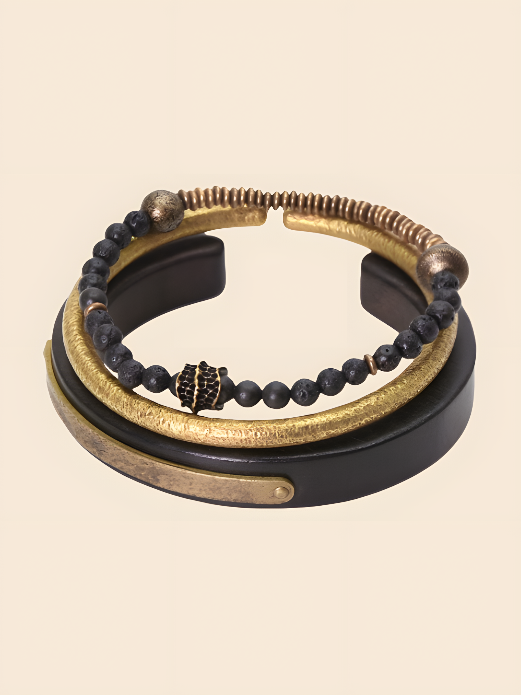 Unisex Handmade Lava Stone Bracelet with Brass & Ebony Wood