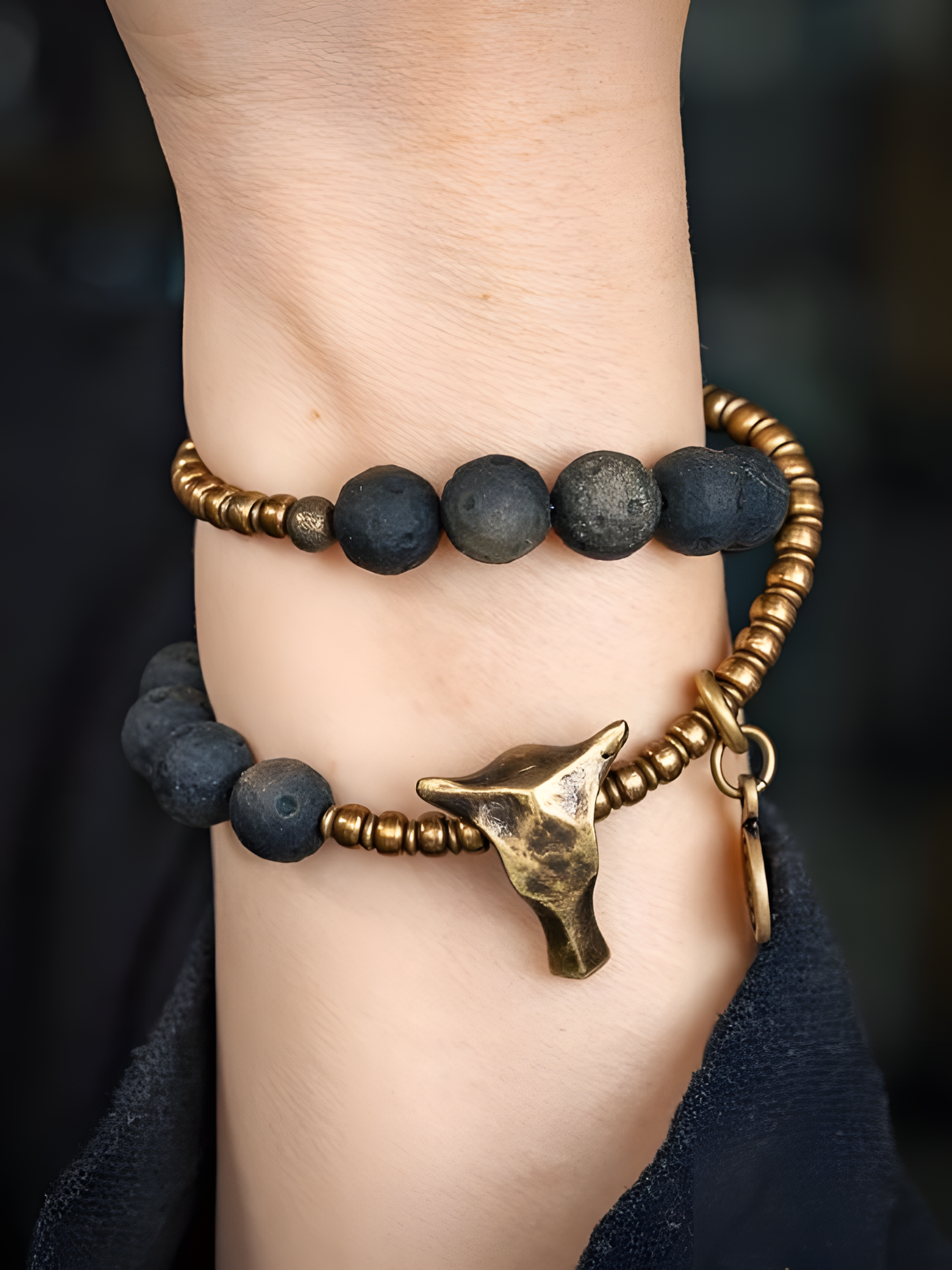 Totem of the Plains | Brass & Obsidian Double Layer Bracelet