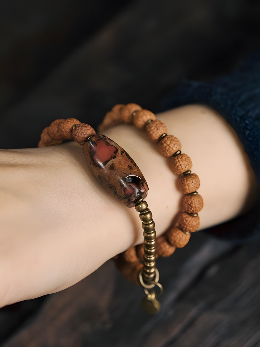 Sacred Vitality Bracelet – Rudraksha & Jaspe Stone with Brass Accents