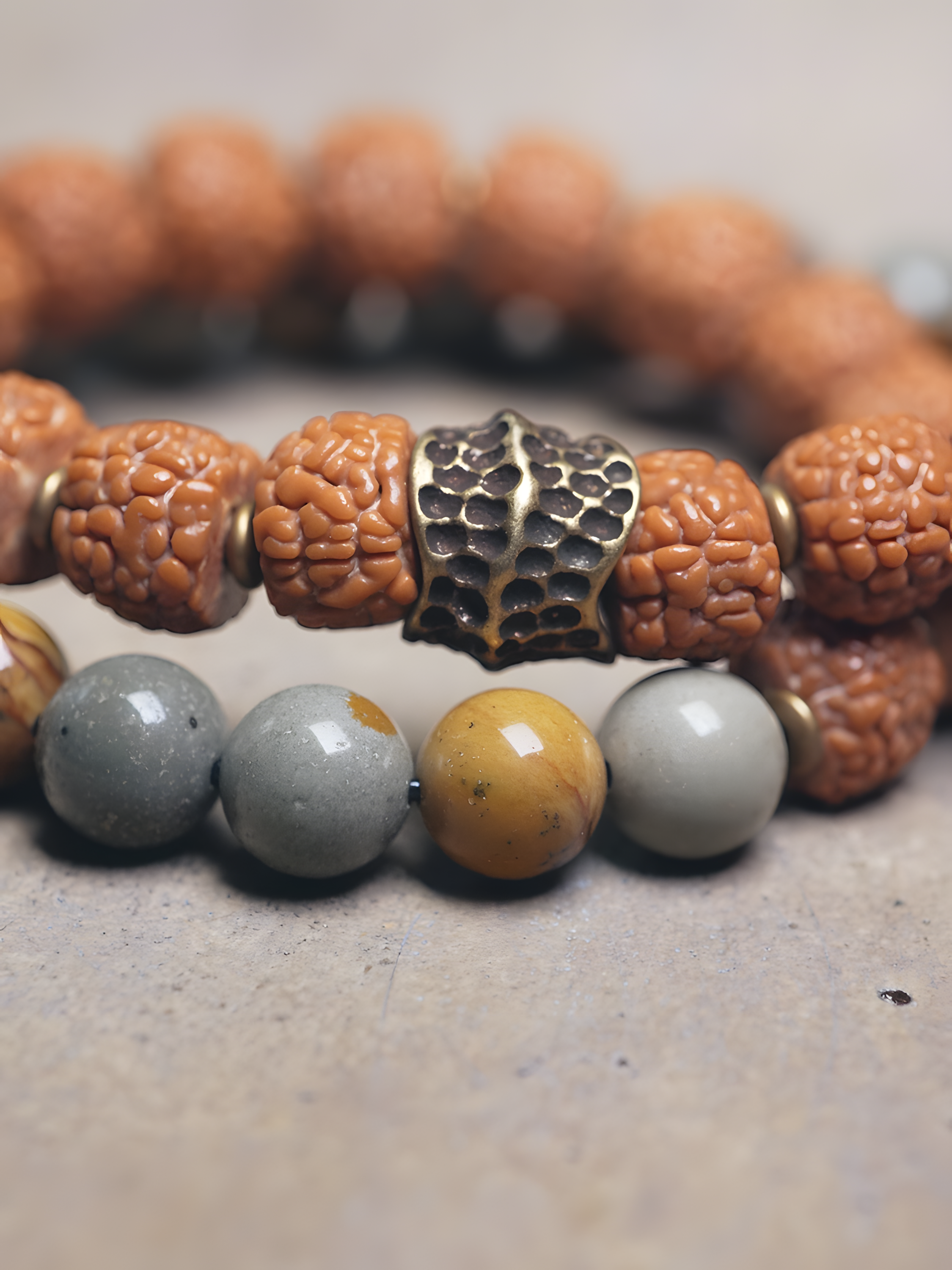 Circle of Inner Strength – Double-Wrap Bracelet with Rudraksha, Desert Jade & Jasper