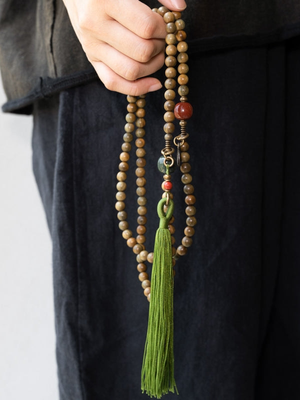 Serenity Mala Necklace – 108 Green Sandalwood Beads with Agate, Brass & Jade Tassel