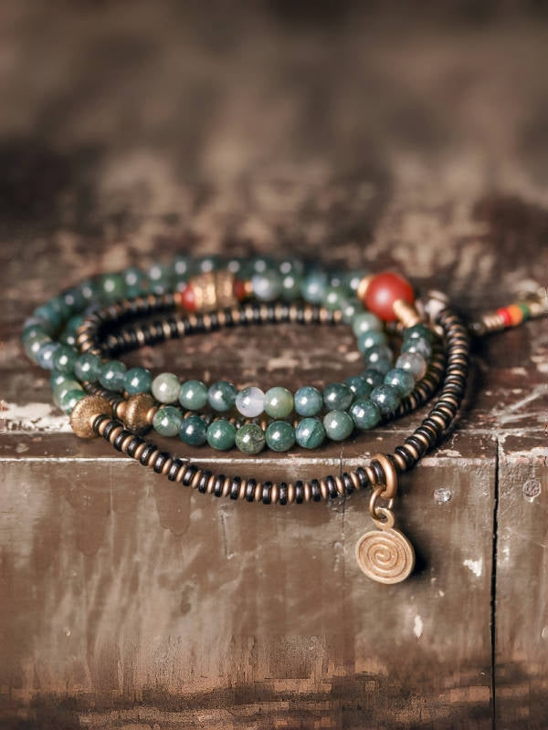 Necklace – Heart of the Forest Moss Agate & Brass Mala Beads