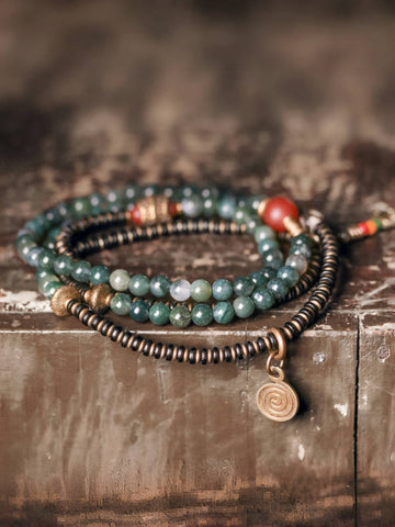 Necklace – Heart of the Forest Moss Agate & Brass Mala Beads