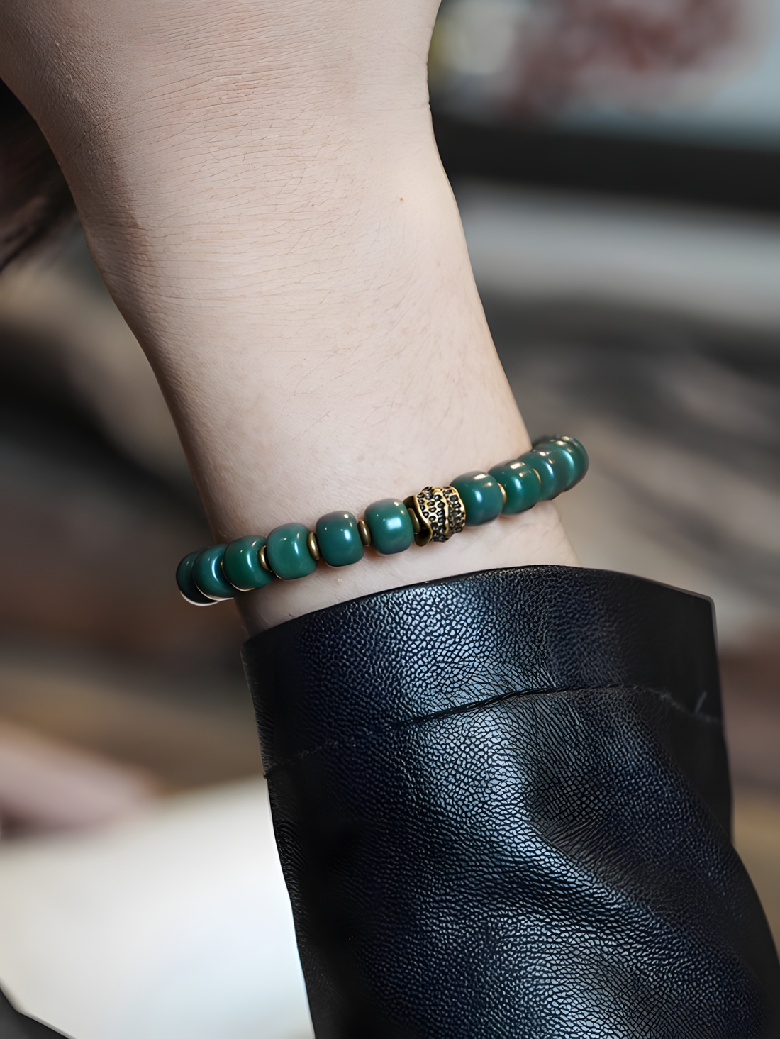 Natural Green Bodhi Root & Brass Beaded Bracelet