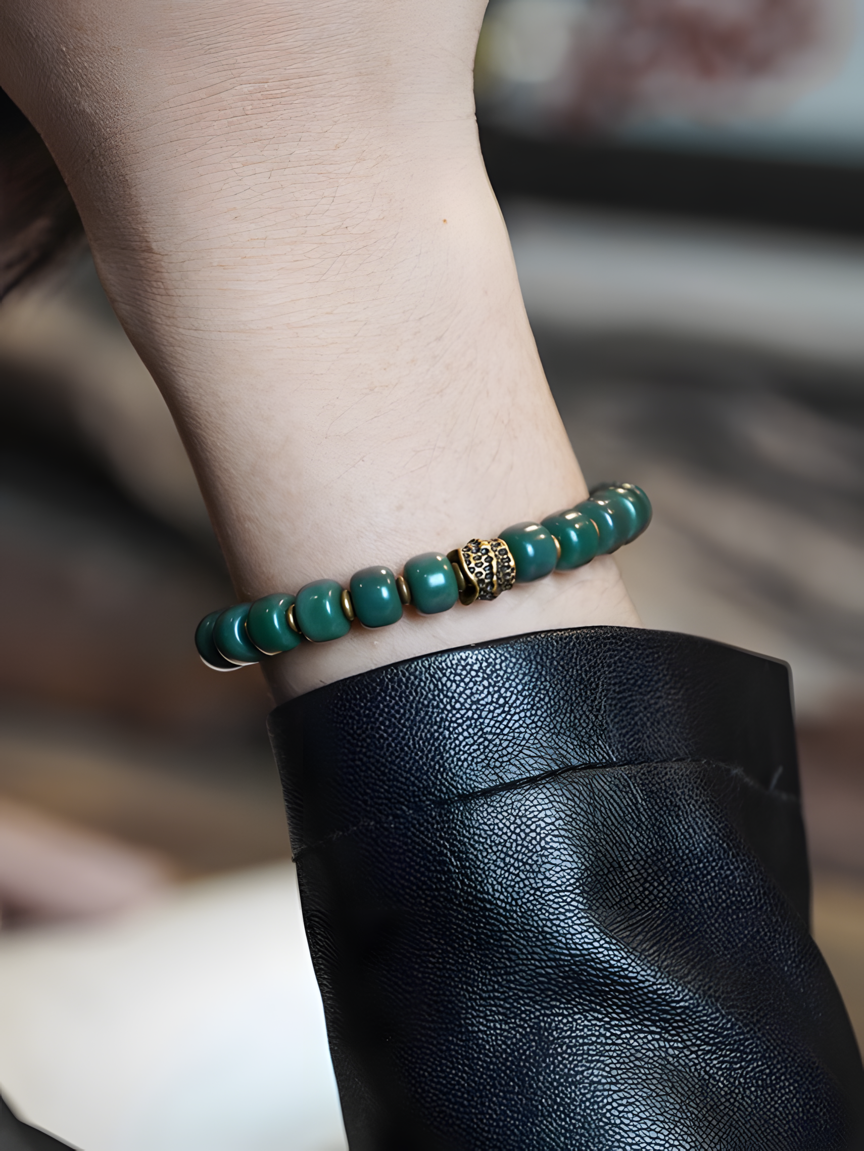 Natural Green Bodhi Root & Brass Beaded Bracelet