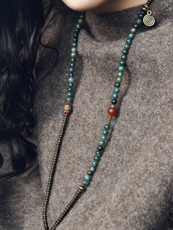 Necklace – Heart of the Forest Moss Agate & Brass Mala Beads