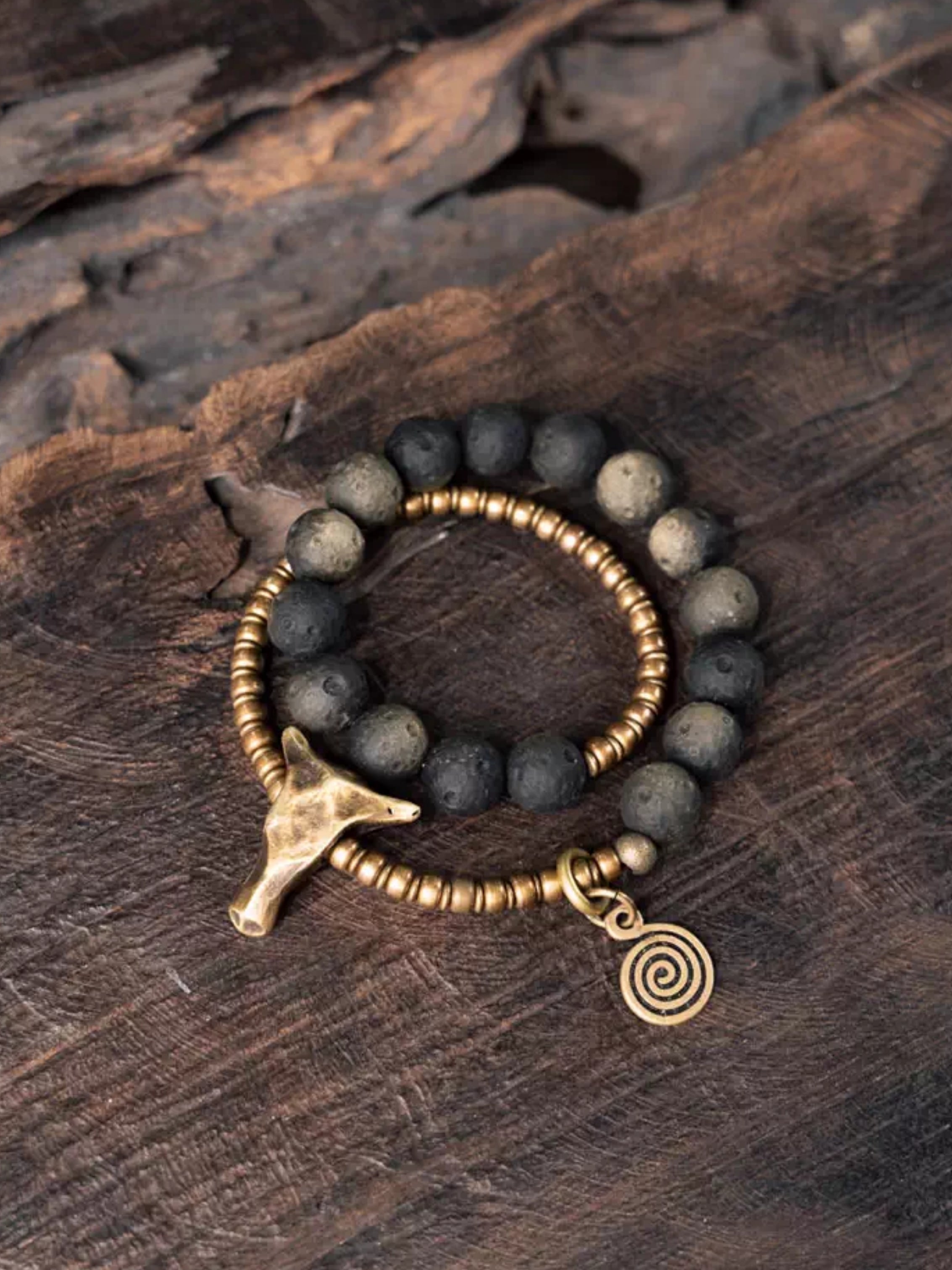 Totem of the Plains | Brass & Obsidian Double Layer Bracelet