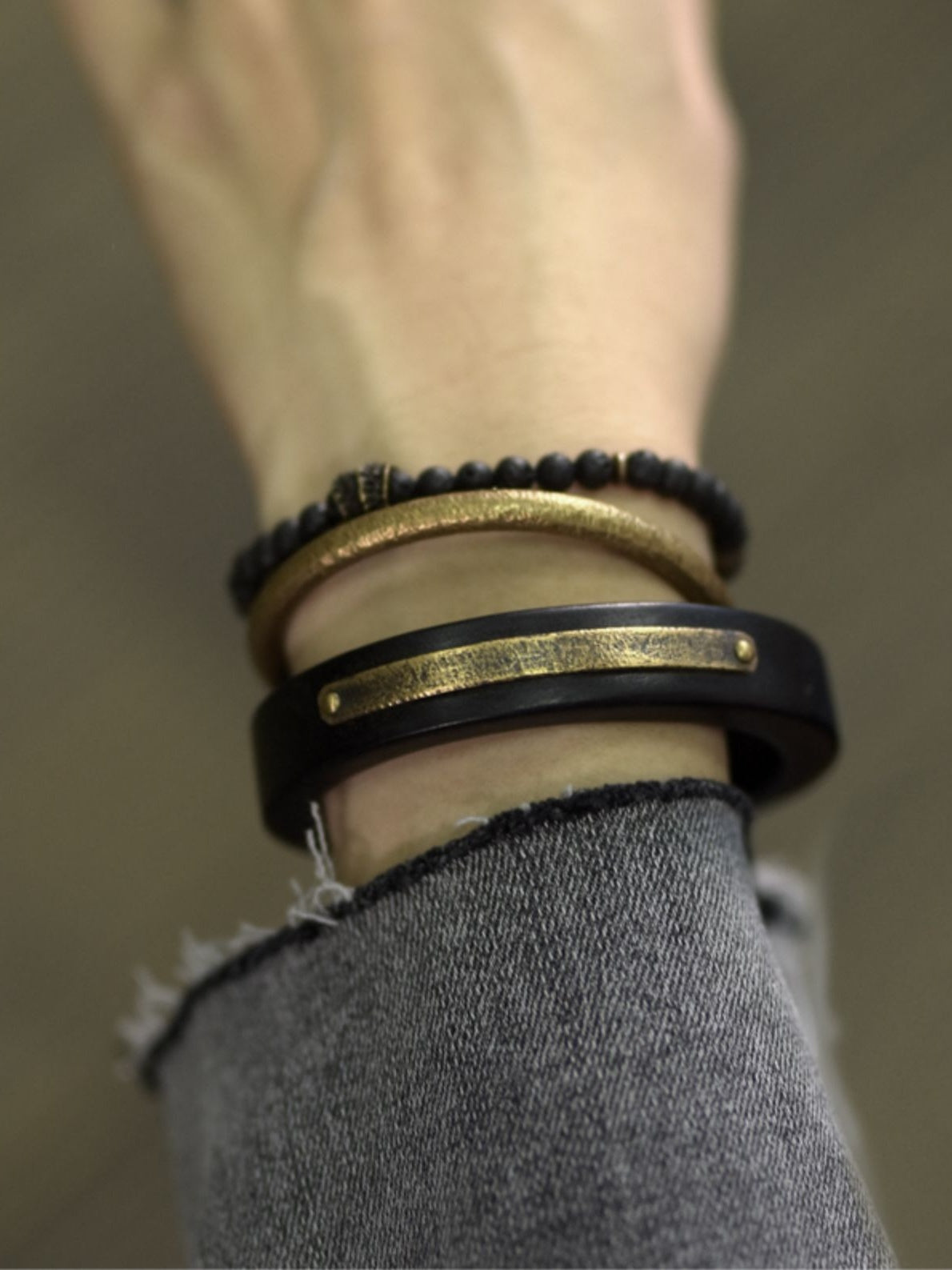Unisex Handmade Lava Stone Bracelet with Brass & Ebony Wood