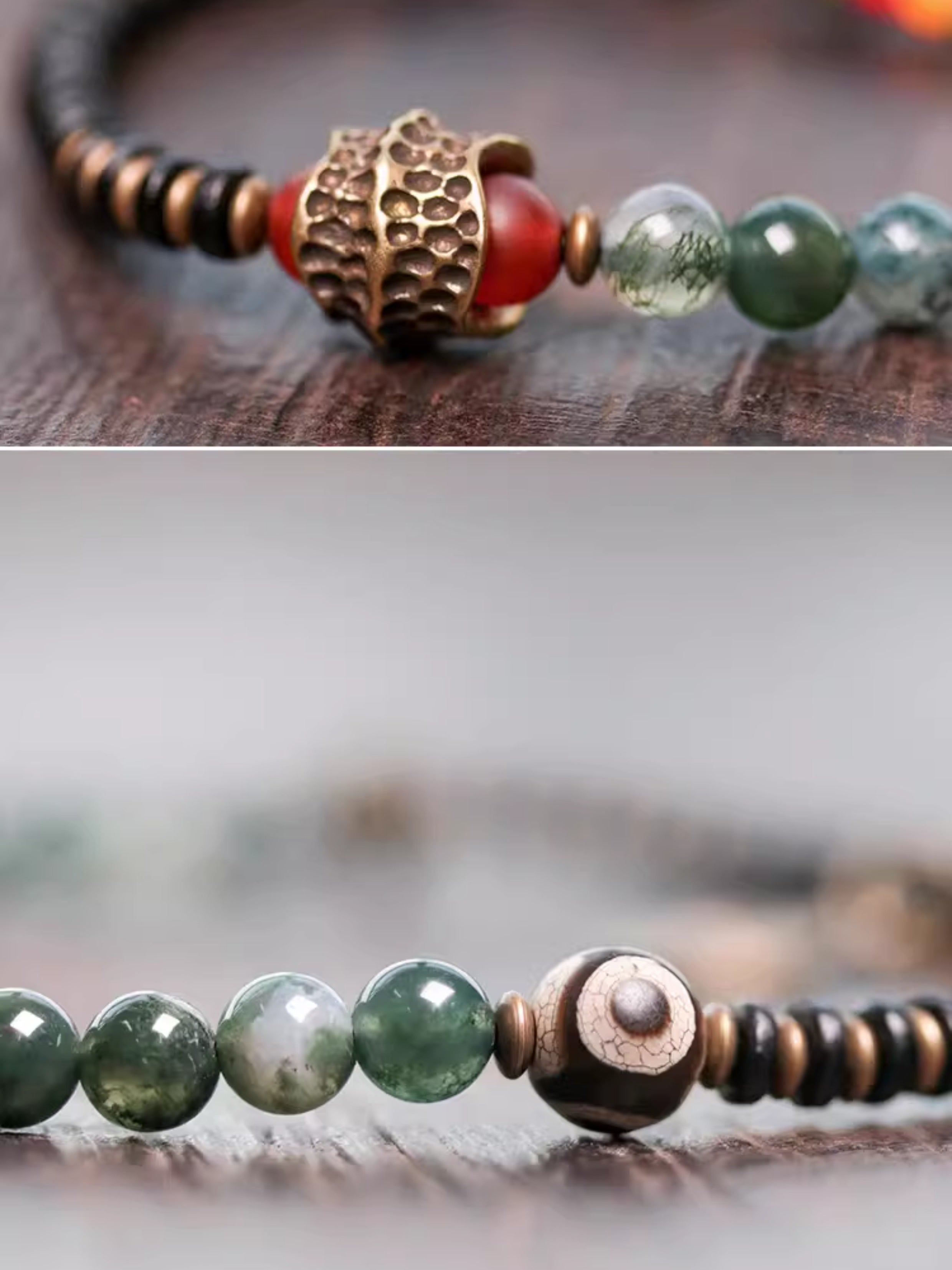 Necklace – Heart of the Forest Moss Agate & Brass Mala Beads