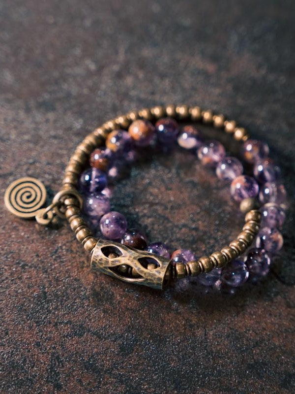“Circle of Serenity” Purple Phantom Quartz Bracelet · Vintage Brass Double Layer