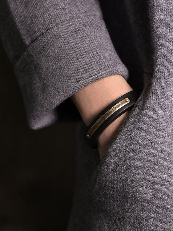 Unisex Handmade Lava Stone Bracelet with Brass & Ebony Wood