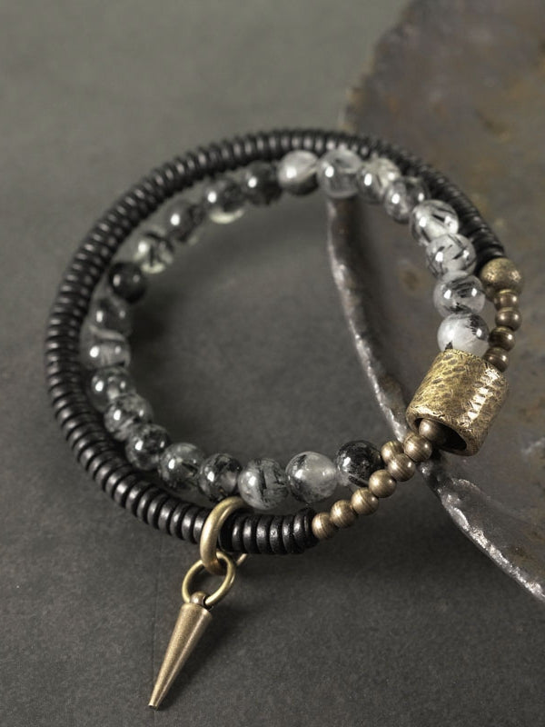 Obsidian Guardian Bracelet – Black Ebony, Tourmalinated Quartz & Brass Protection Talisman