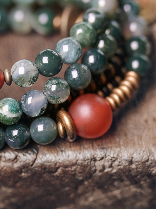 Necklace – Heart of the Forest Moss Agate & Brass Mala Beads