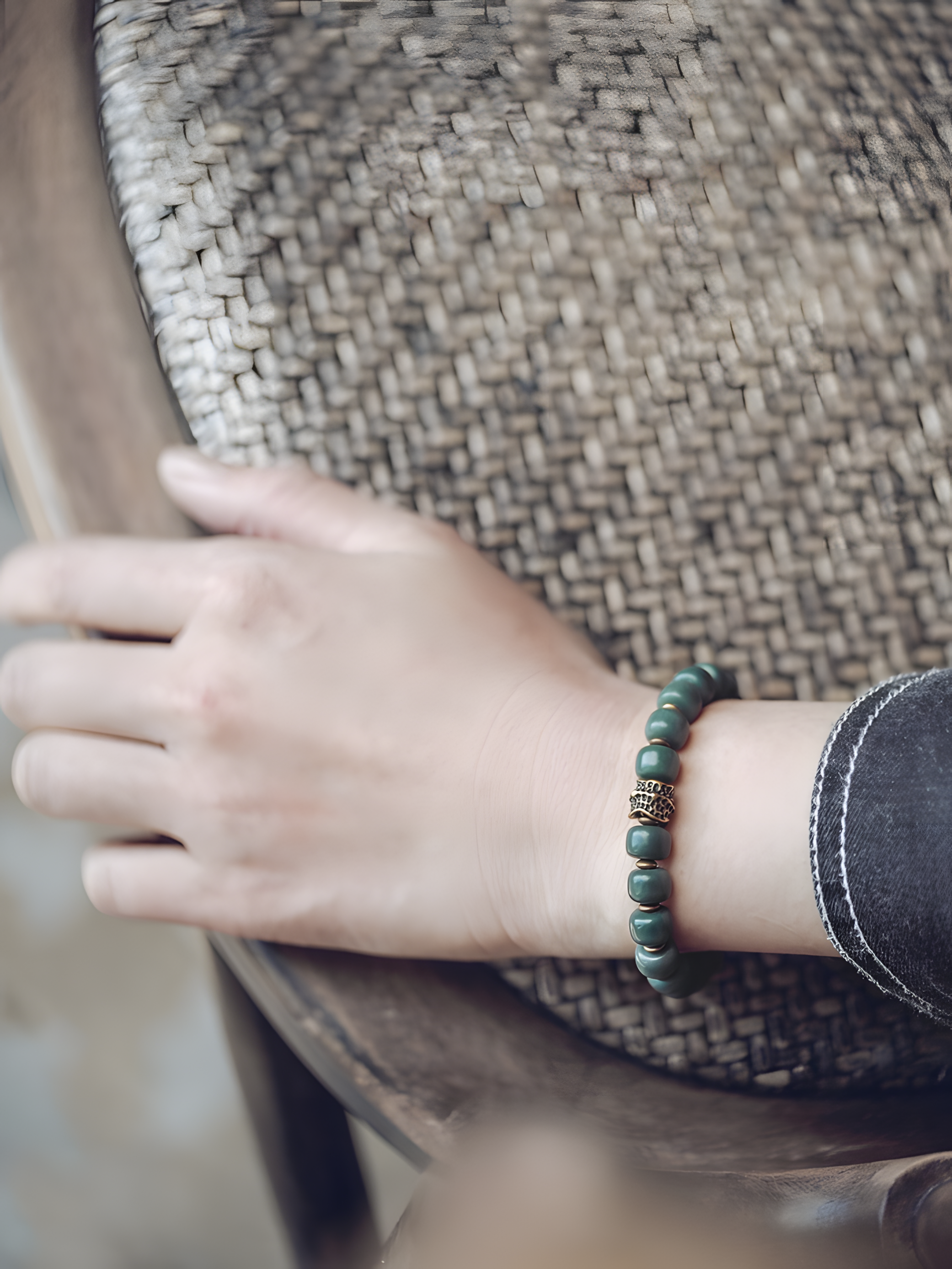 Natural Green Bodhi Root & Brass Beaded Bracelet
