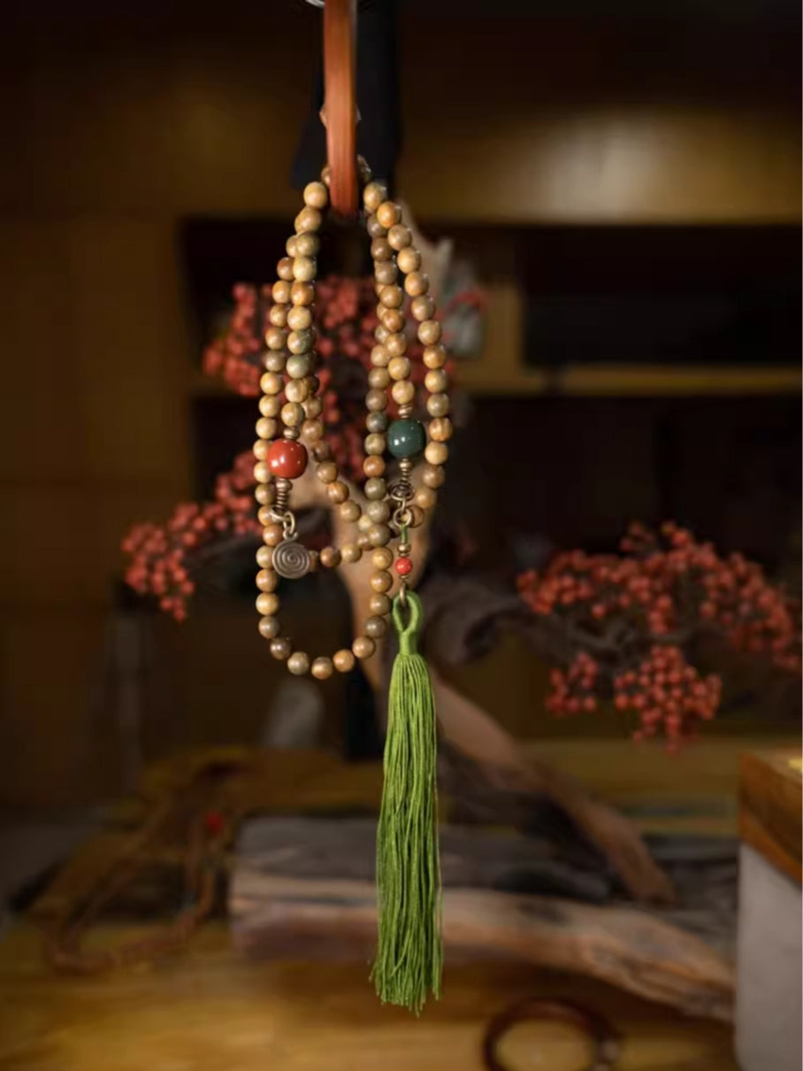 Serenity Mala Necklace – 108 Green Sandalwood Beads with Agate, Brass & Jade Tassel