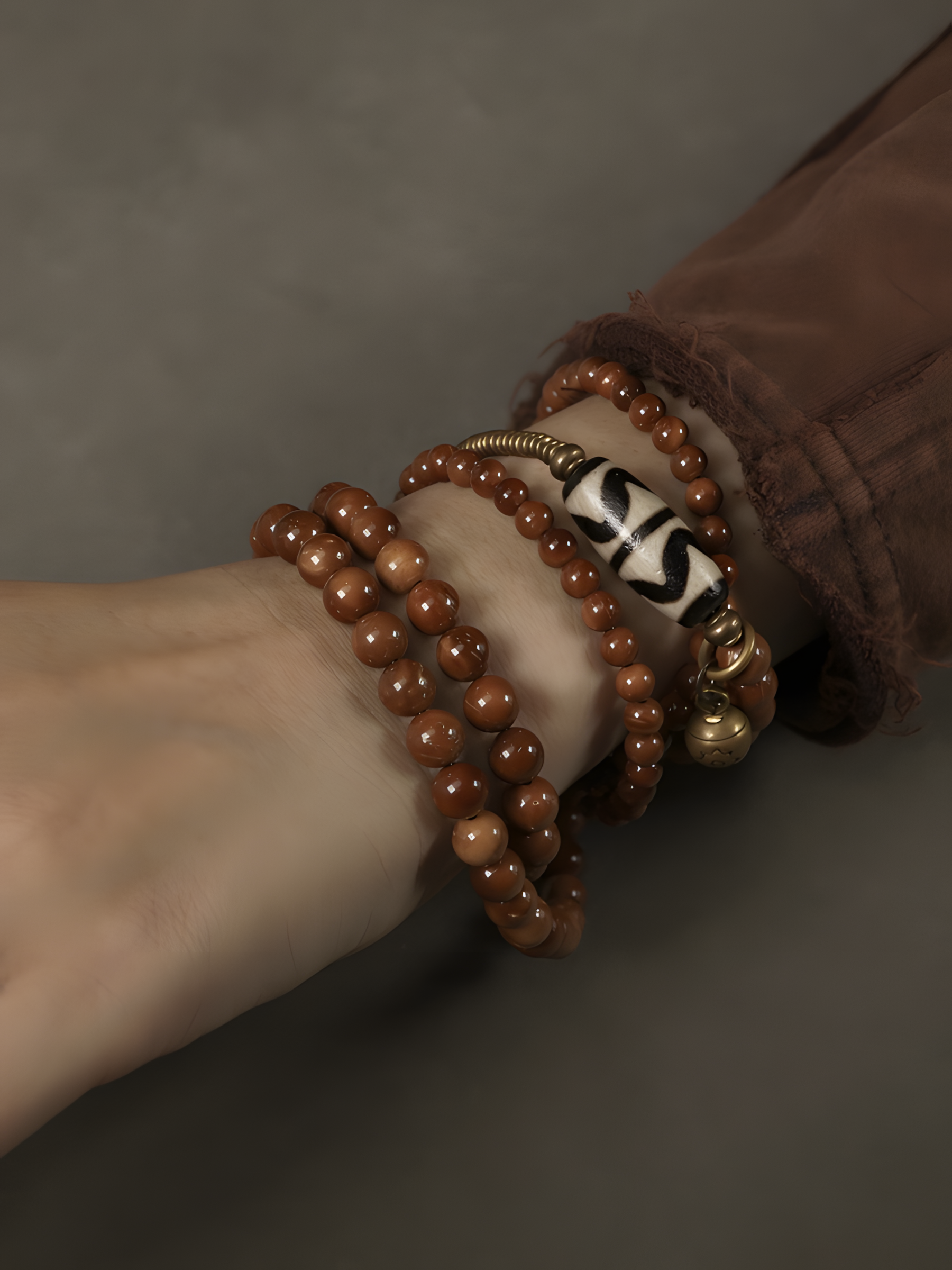 Path of Guardianship – Kuku Wood & Alxa Agate Necklace with Vintage Brass and Tiger Tooth Accents