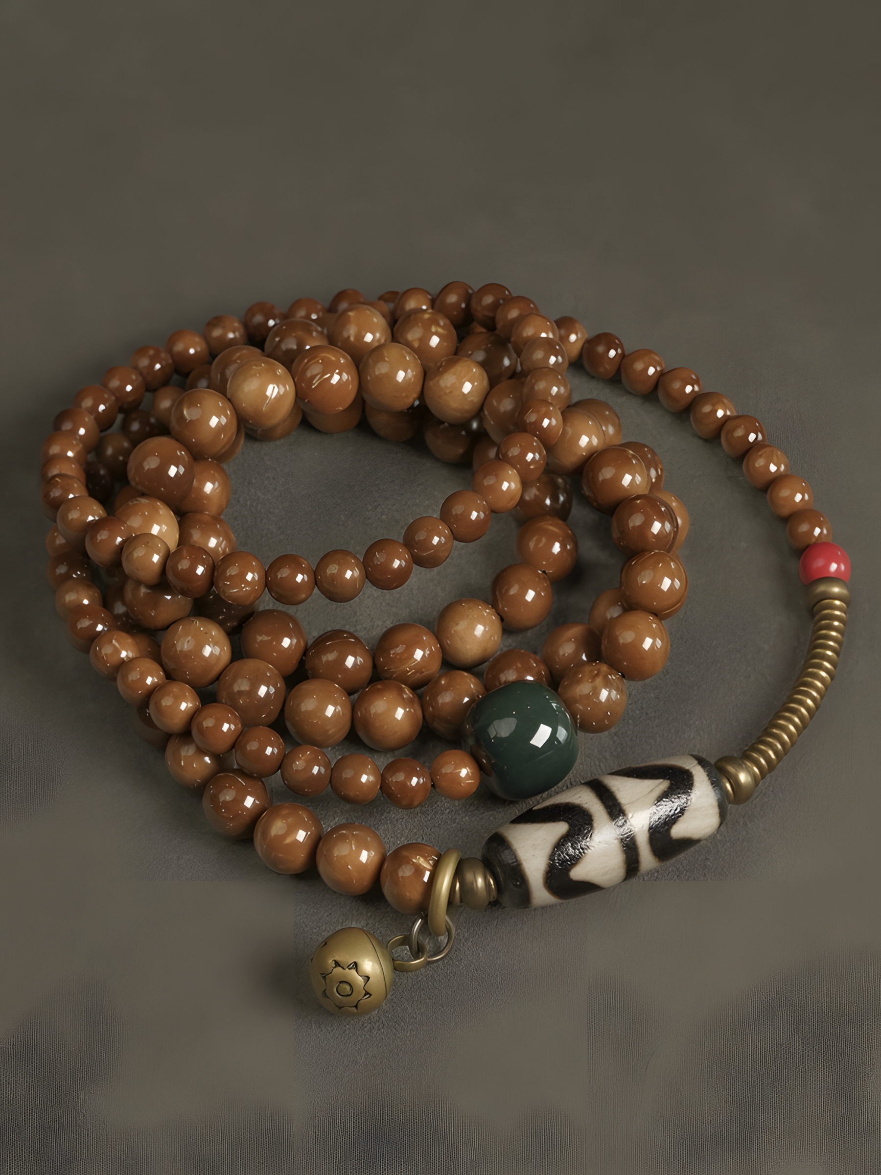 Path of Guardianship – Kuku Wood & Alxa Agate Necklace with Vintage Brass and Tiger Tooth Accents