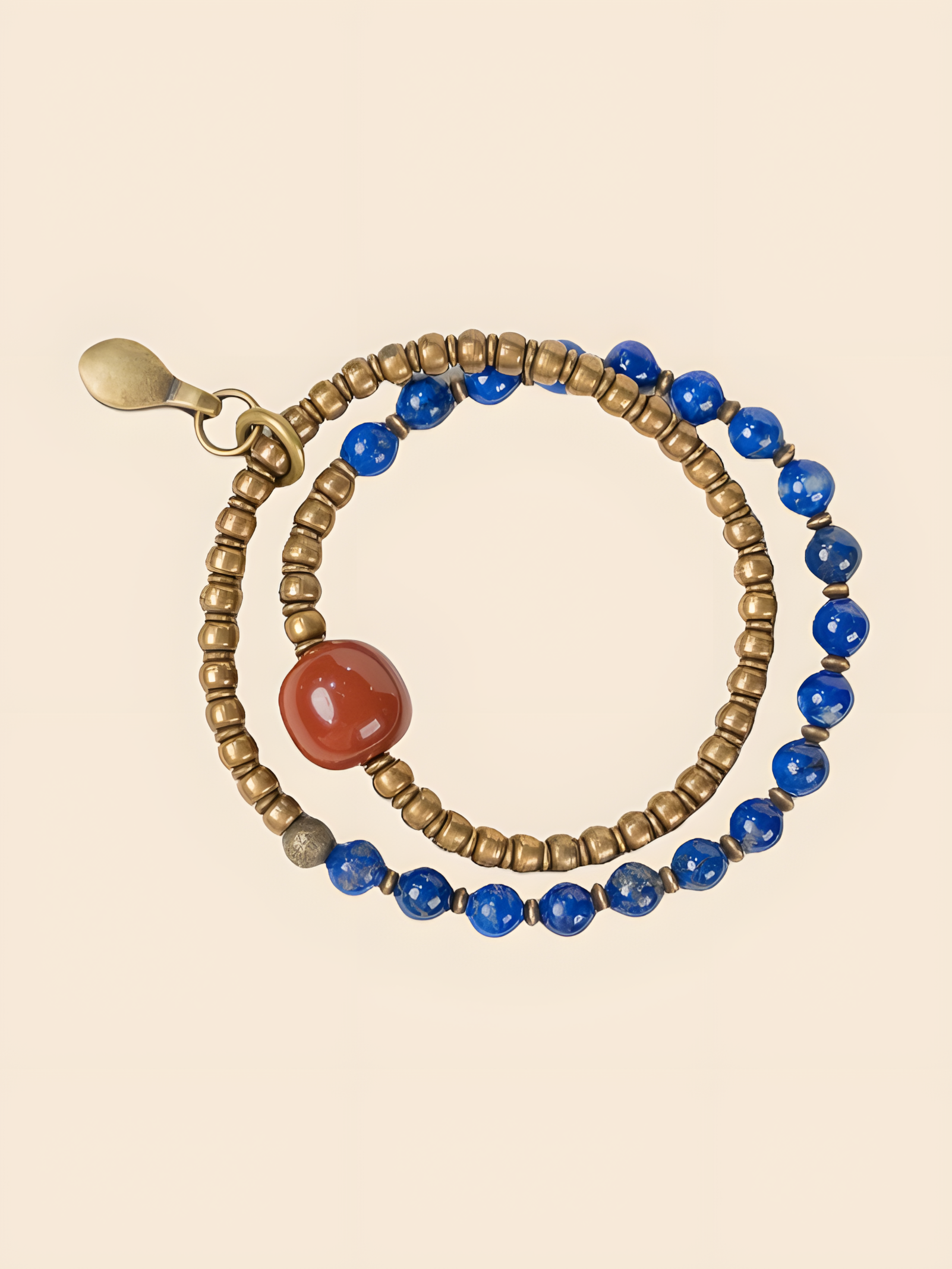 Celestial Harmony Bracelet – Natural Lapis Lazuli, Red Agate & Vintage Brass Beads
