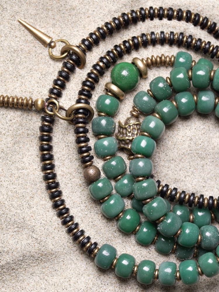Five-Wrap Bracelet with Bodhi Root, Brass & African Grass Jade – Unisex Stretch Design
