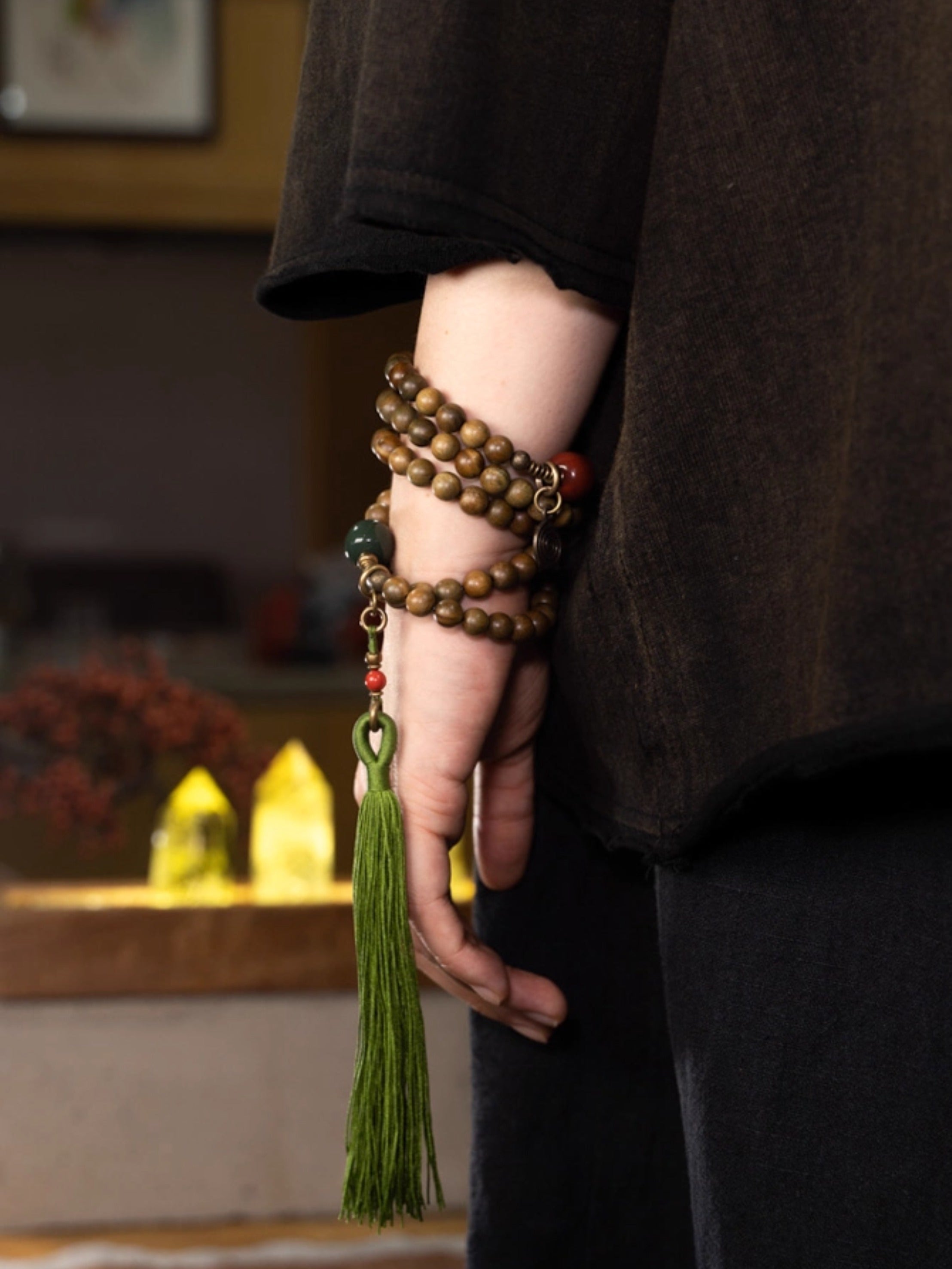 Serenity Mala Necklace – 108 Green Sandalwood Beads with Agate, Brass & Jade Tassel